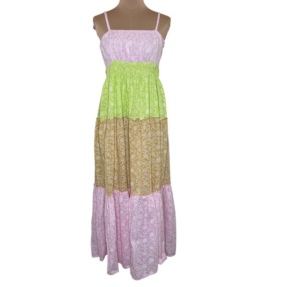 Ro's Garden Maxi Dress Medium Tiered Peasant Colorblock Floral Prairie Cottage